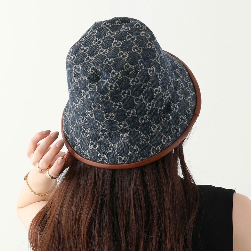 GUCCI "GG" Blue Denim Brown Leather Trim Bucket Hat Size Med 576371 UNISEX NWT - Picture 6 of 12